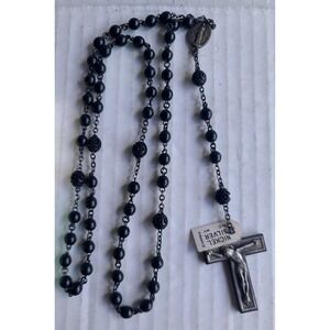 Antique Rosary Carved Ebony Cocoa Wood Beads Nickel Silver Crucifix France